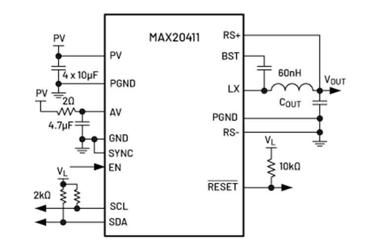 Blockdiagramm - Analog Devices / Maxim Integrated MAX20411 Automobil-Einzelabwärtswandler